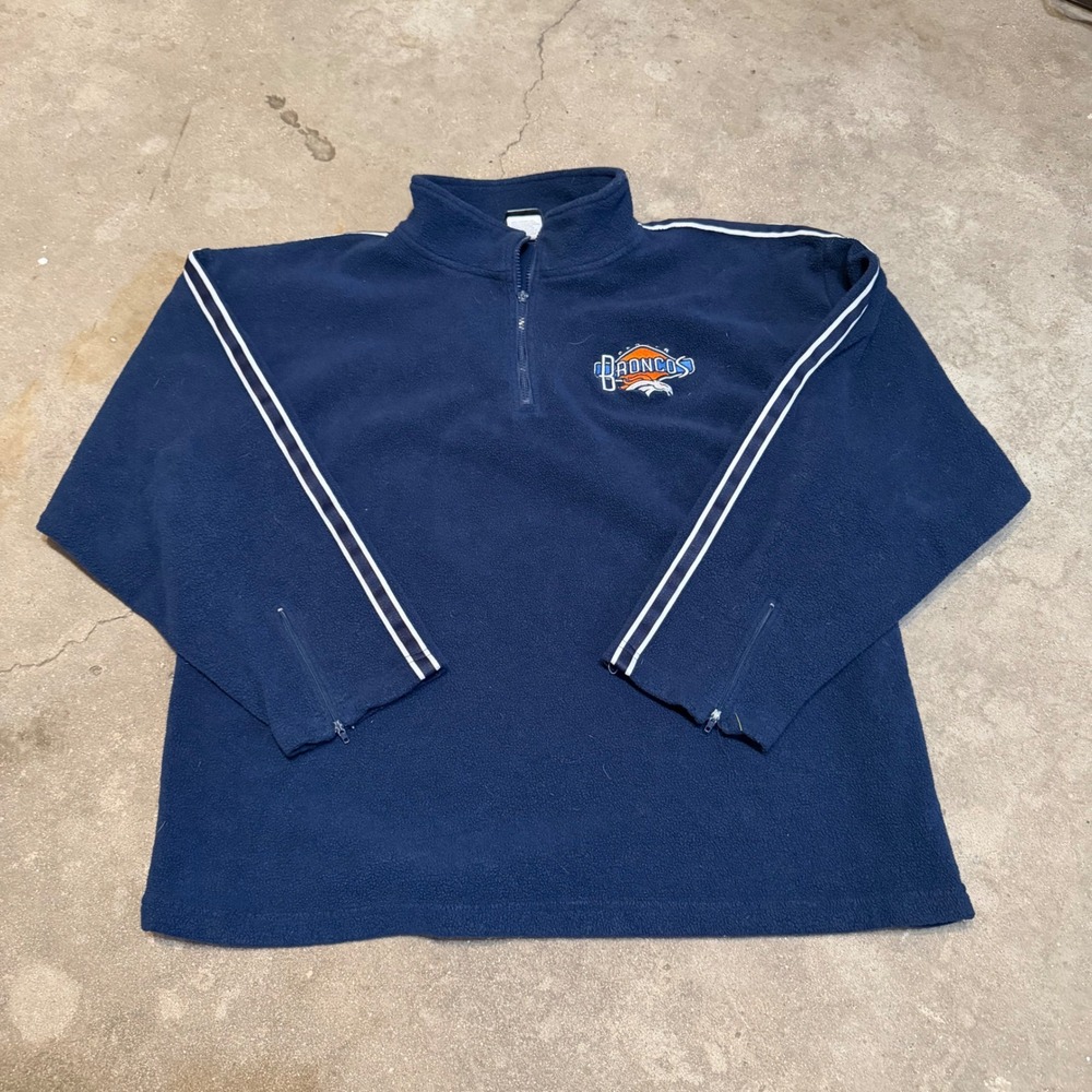 VTG NFL Denver Broncos Fleece Pullover Mens XL Navy Blue 1/4 Zip Striped Sleeves